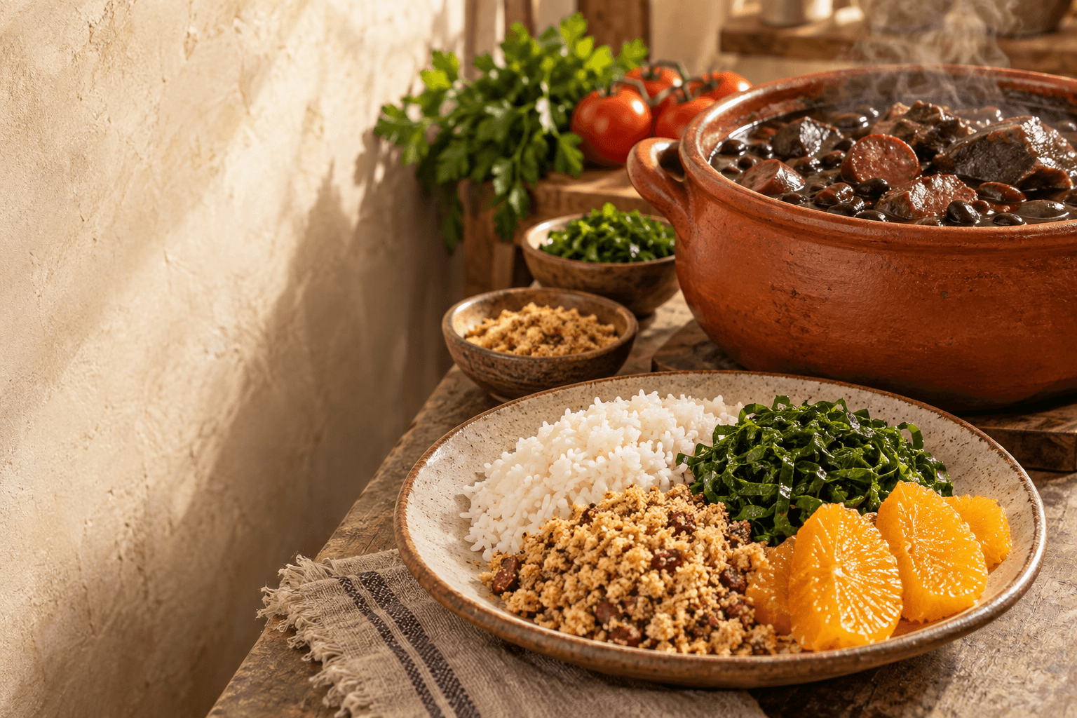 A Brazilian meal with rice, beans and a clay pot