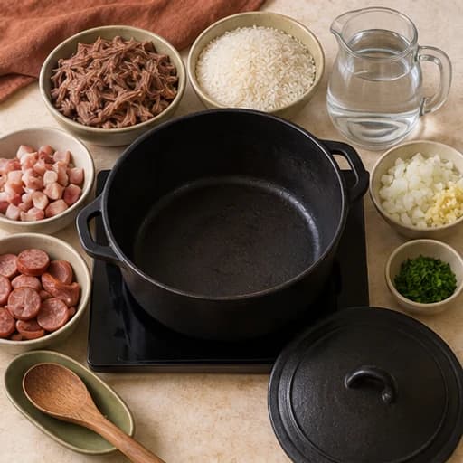 Visual guide for arroz carreteiro (beef rice): Get the pot ready.