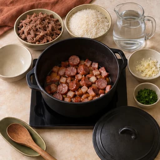 Visual guide for arroz carreteiro (beef rice): Brown the meats.