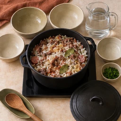 Visual guide for arroz carreteiro (beef rice): Coat the rice.