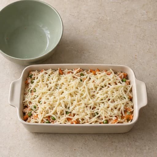 Visual guide for baked rice casserole: Fill the dish.