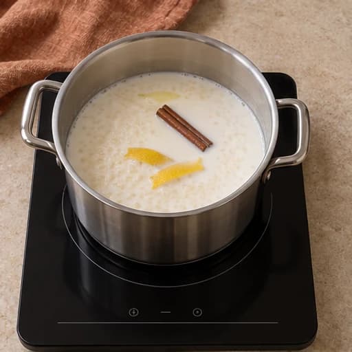Visual guide for creamy rice pudding: Heat the mixture