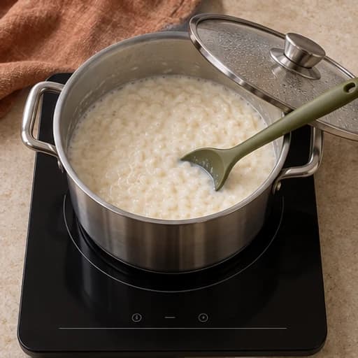 Visual guide for creamy rice pudding: Cook over low heat