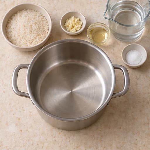 Visual guide for fluffy white rice: Gather the ingredients.