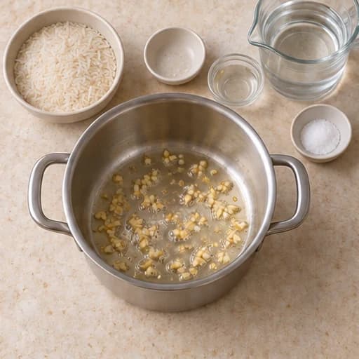 Visual guide for fluffy white rice: Sauté the garlic.