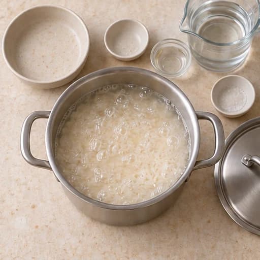 Visual guide for fluffy white rice: Add water and cook.