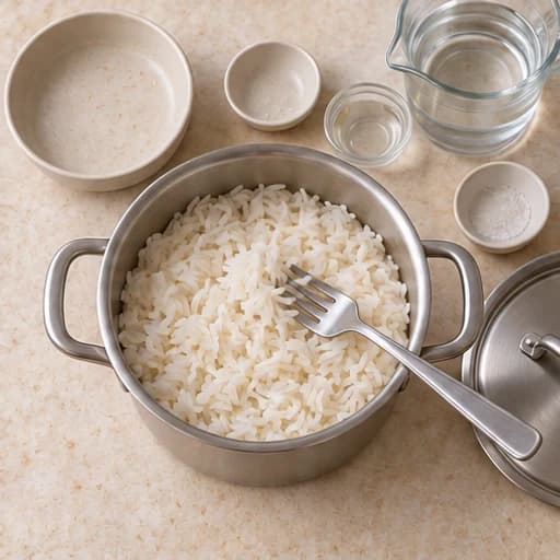 Visual guide for fluffy white rice: Rest and fluff the grains.