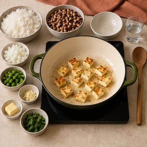 Visual guide for baião de dois with cheese: Brown the cheese.