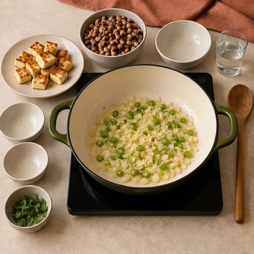 Visual guide for baião de dois with cheese: Sauté the aromatics.