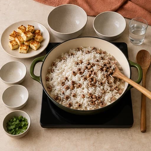 Visual guide for baião de dois with cheese: Add rice and beans.