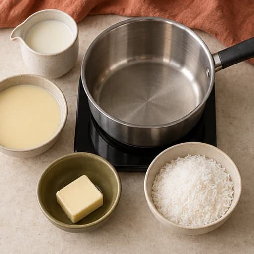 Visual guide for beijinho coconut truffles: Prepare the coconut and pan