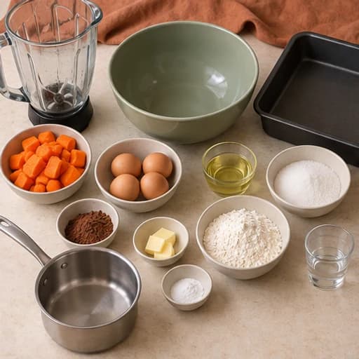 Visual guide for brazilian carrot cake: Prepare pan and ingredients.