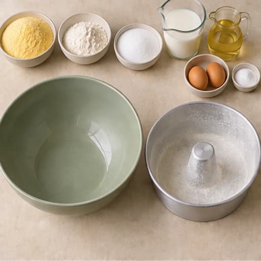Visual guide for fluffy cornmeal cake: Prepare the oven and pan.