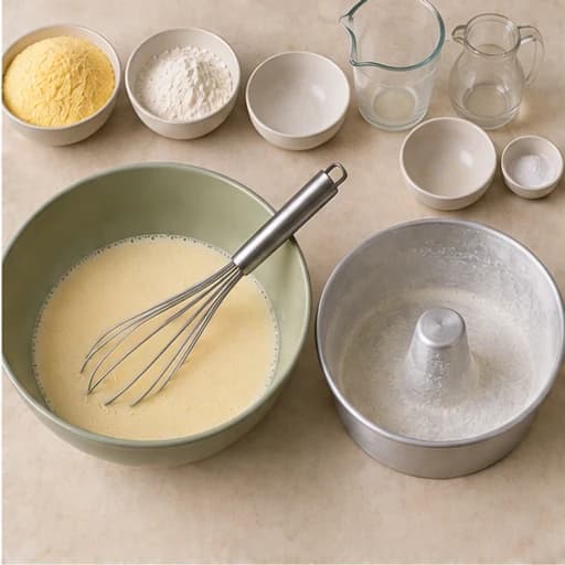 Visual guide for fluffy cornmeal cake: Mix the liquids.