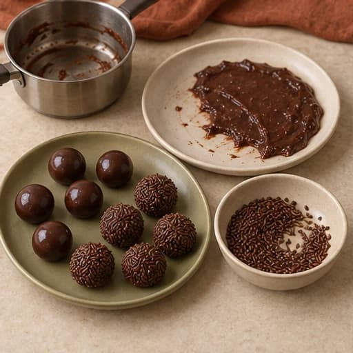 Visual guide for brigadeiro truffles: Roll and coat in sprinkles