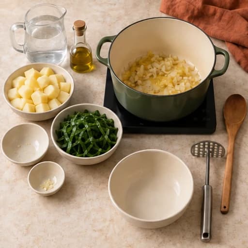 Visual guide for caldo verde: Brown and sauté.