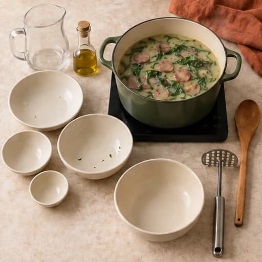 Visual guide for caldo verde: Add greens and sausage.