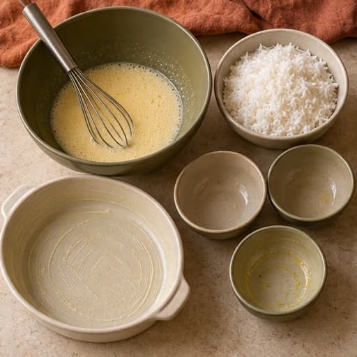 Visual guide for baked cocada: Mix eggs, butter and sugar