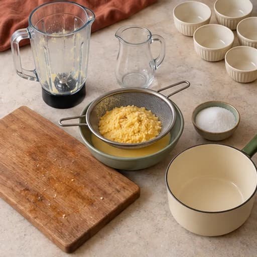 Visual guide for curau (fresh corn pudding): Strain thoroughly.