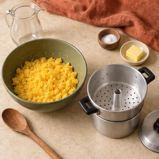 Visual guide for northeastern brazilian cuscuz: Moisten without soaking.
