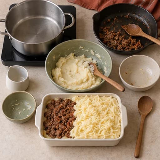 Visual guide for beef escondidinho: Build the layers.