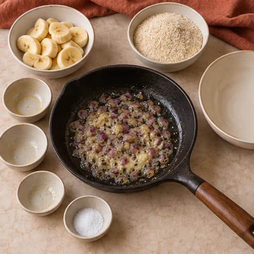 Visual guide for banana farofa: Sauté the aromatics.