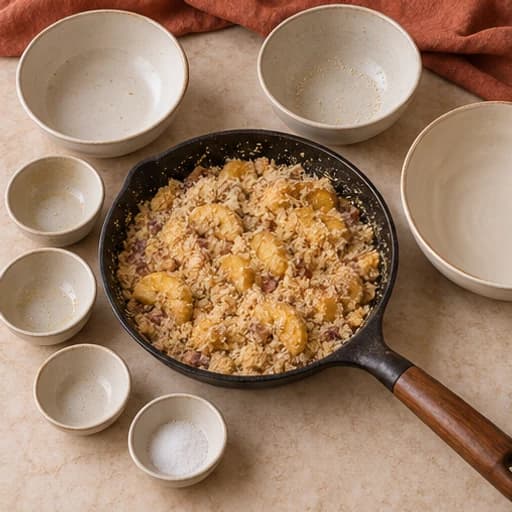 Visual guide for banana farofa: Add the flour.