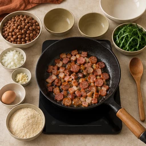 Visual guide for feijão tropeiro: Brown the bacon and sausage.