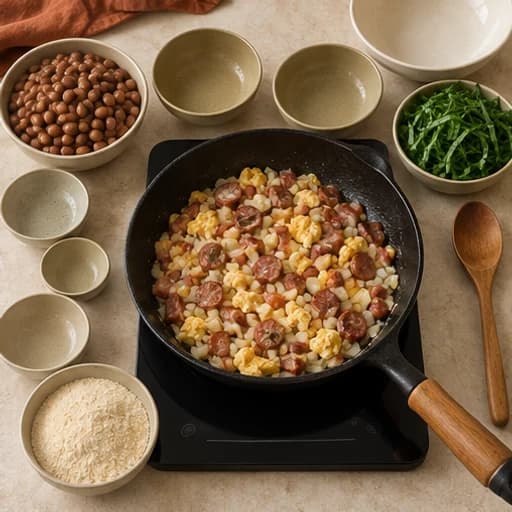 Visual guide for feijão tropeiro: Sauté and cook the eggs.
