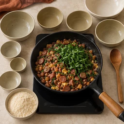 Visual guide for feijão tropeiro: Heat beans and greens.