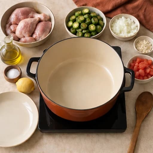 Visual guide for chicken with okra: Prepare everything before heating.