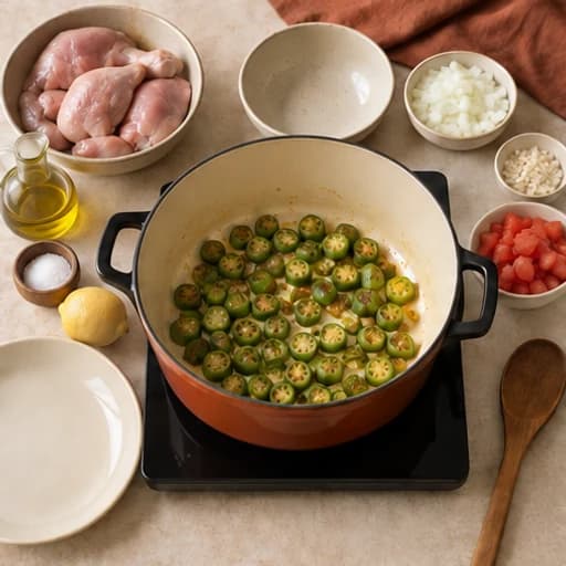 Visual guide for chicken with okra: Sauté the okra.