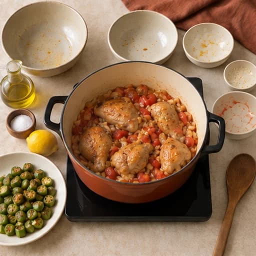Visual guide for chicken with okra: Brown the chicken.