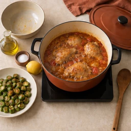 Visual guide for chicken with okra: Simmer in the sauce.