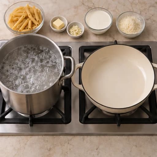 Visual guide for creamy pasta: Boil the water.