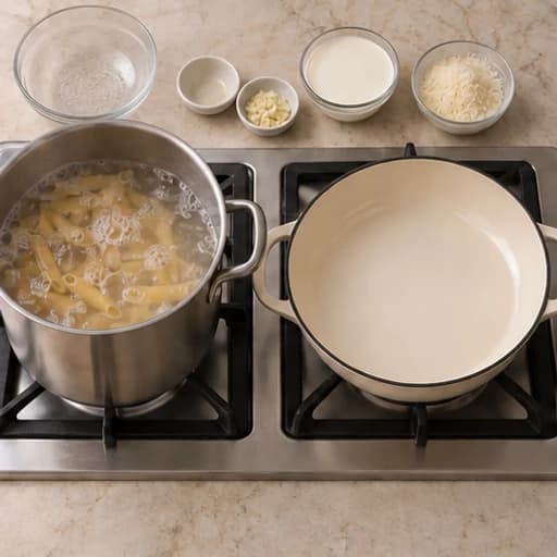 Visual guide for creamy pasta: Cook the pasta.