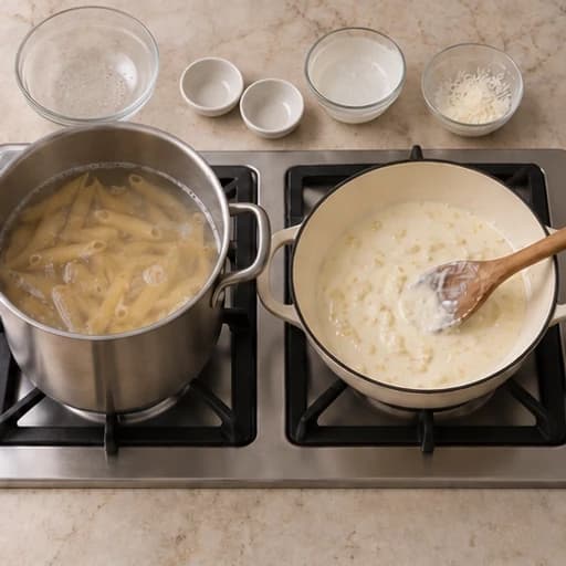 Visual guide for creamy pasta: Prepare the sauce.