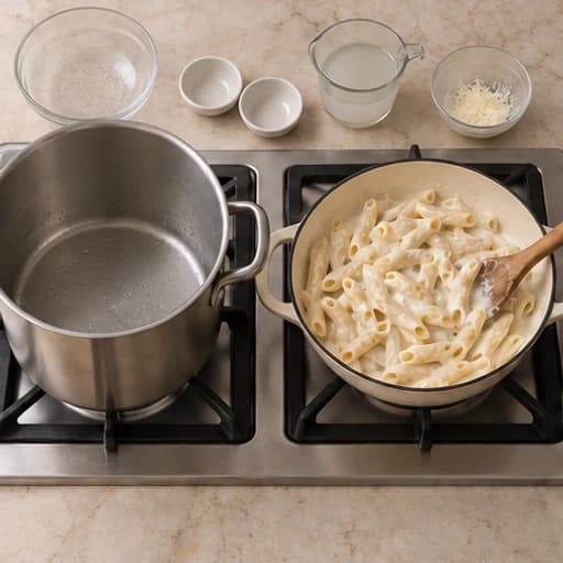 Visual guide for creamy pasta: Mix everything.