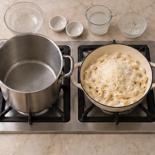 Visual guide for creamy pasta: Finish and serve.