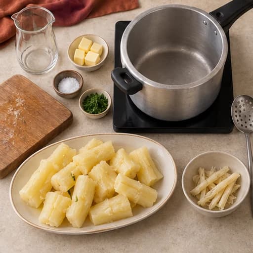 Visual guide for butter cassava: Drain and remove fibers.