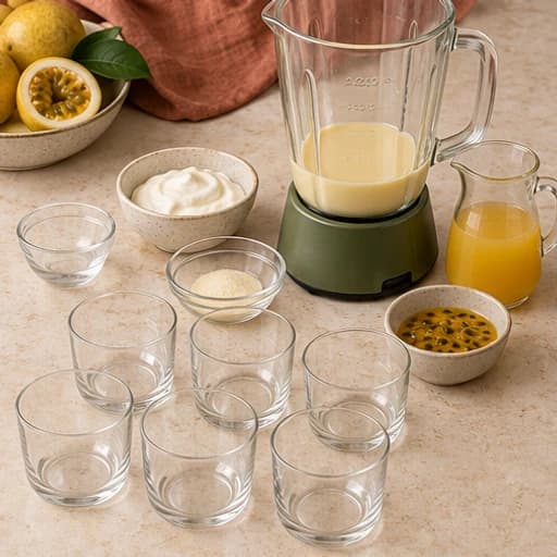 Visual guide for passion fruit mousse: Prepare the base and glasses