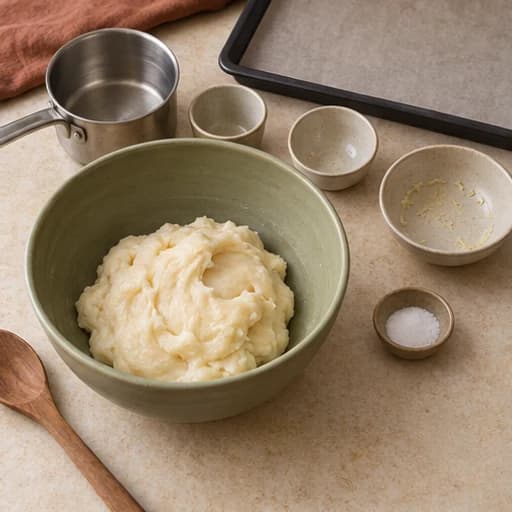 Visual guide for pão de queijo (cheese bread): Mix in eggs and cheese.