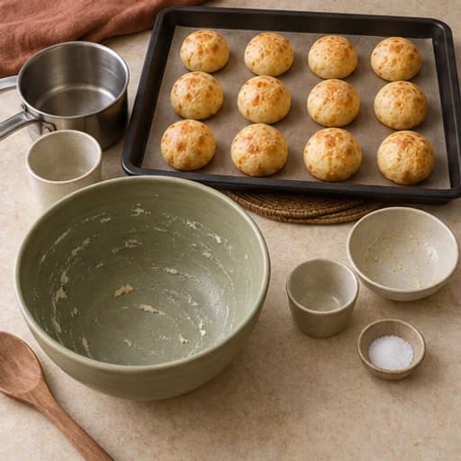Visual guide for pão de queijo (cheese bread): Bake until golden.