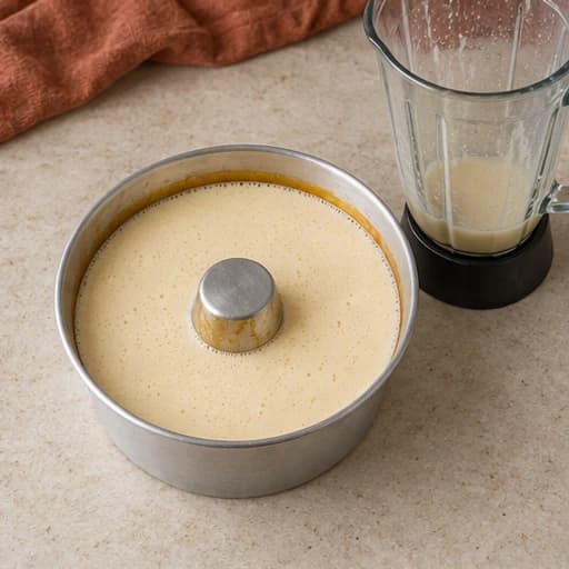 Visual guide for brazilian caramel flan: Blend and fill the pan