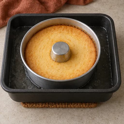 Visual guide for brazilian caramel flan: Bake in a water bath