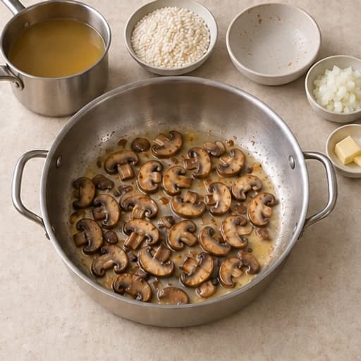Visual guide for mushroom risotto: Brown the mushrooms.