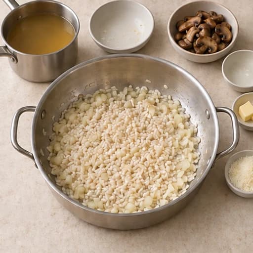 Visual guide for mushroom risotto: Sauté the rice.