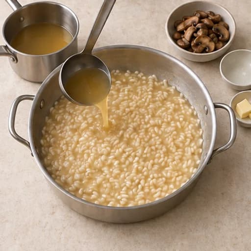 Visual guide for mushroom risotto: Add stock gradually.