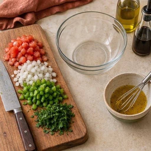 Visual guide for fresh brazilian vinaigrette salsa: Mix the dressing.