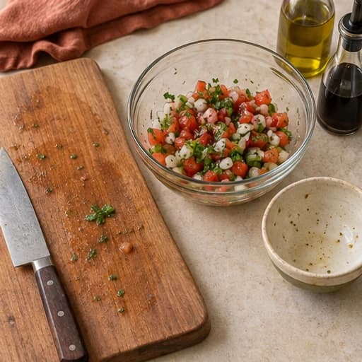 Visual guide for fresh brazilian vinaigrette salsa: Combine everything.